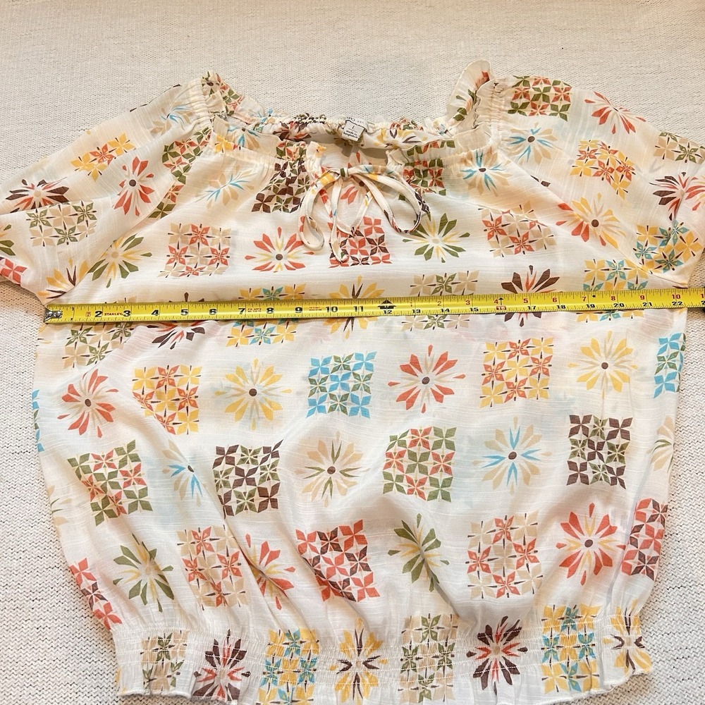Floral Blouse Sz L Cottagecore Sheer Lightweight Boho 3/4 Balloon Sleeve Ruffle - Picture 13 of 14